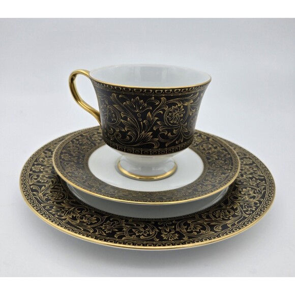 Vintage Sango China Japan Richelieu 3756 Black Gold Cup Saucer Dessert Plate Set - Picture 1 of 15